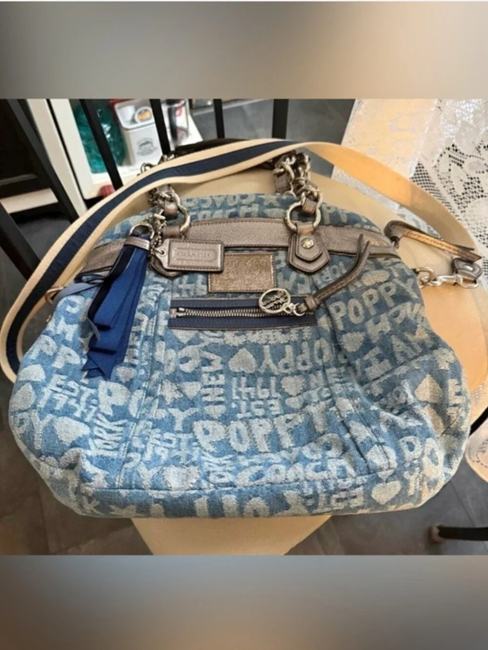 Coach Poppy Wordblock Denim Chain Shoulder Crossbody Tote Bag